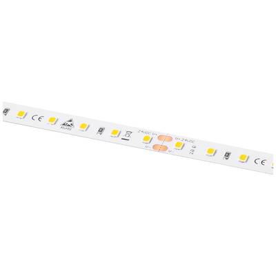 LED-Streifen mit gelb leuchtenden Dioden, CE-Kennzeichnung und Warnhinweisen auf weißem Träger, für Beleuchtungszwecke.