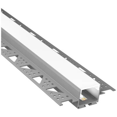 Silbernes Aluminiumprofil mit perforiertem Rand und weißer Abdeckung, verwendet zur Kantenverstärkung und zum Schutz von Wänden.