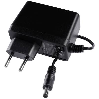 Schwarzes Steckernetzteil mit Eurostecker und Gleichstromausgangskabel, geeignet für elektronische Geräte.