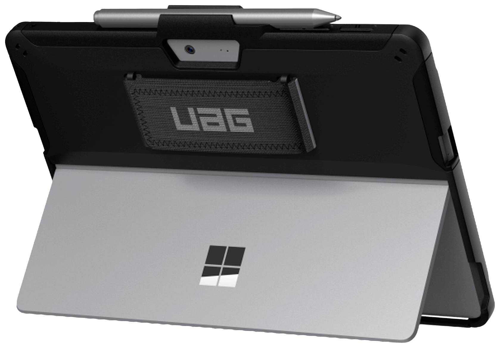 Ein Tablet mit einem schwarzen Schutzetui und einem Stift oben. Auf der Rückseite ist ein Windows-Logo sichtbar.