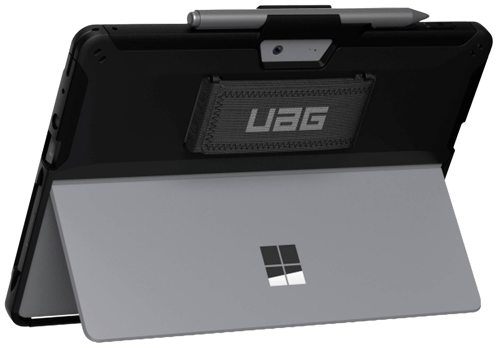 Ein Microsoft Surface Tablet in einer robusten UAG-Schutzhülle mit ausklappbarer Stütze und Stifthalterung. Rückansicht.