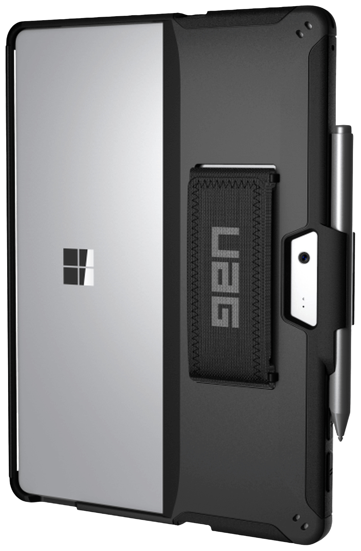 Eine Tablet-Hülle mit robustem Design, schwarzem Schutzrahmen und integrierter Stifthalterung. Passend für Microsoft Surface-Modelle.