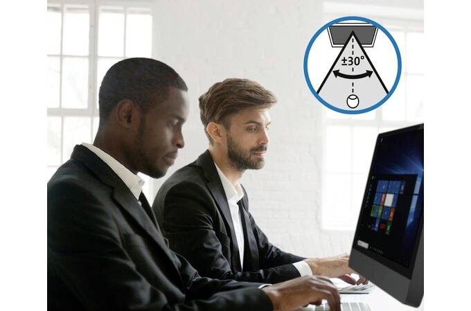 Zwei Männer in Anzügen arbeiten an Computern in einem hellen Büro. Ein Symbol oben rechts zeigt eine Neigungsanpassung von ±30°.