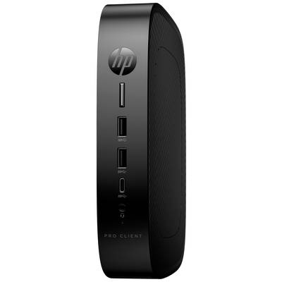 Schwarzer, schlanker Mini-PC-Tower mit HP-Logo, mehreren USB-Anschlüssen und Lüftungsschlitzen, steht vertikal.