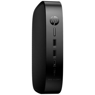 Ein schwarzer, schlanker Mini-PC von HP mit mehreren USB-Anschlüssen an der Vorderseite.