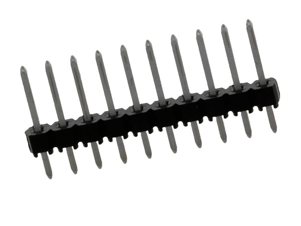 Ein schwarzer, einreihiger Stiftleistenstecker mit Metallstiften, schräg fotografiert, zeigt die Pins zum elektrischen Anschluss.