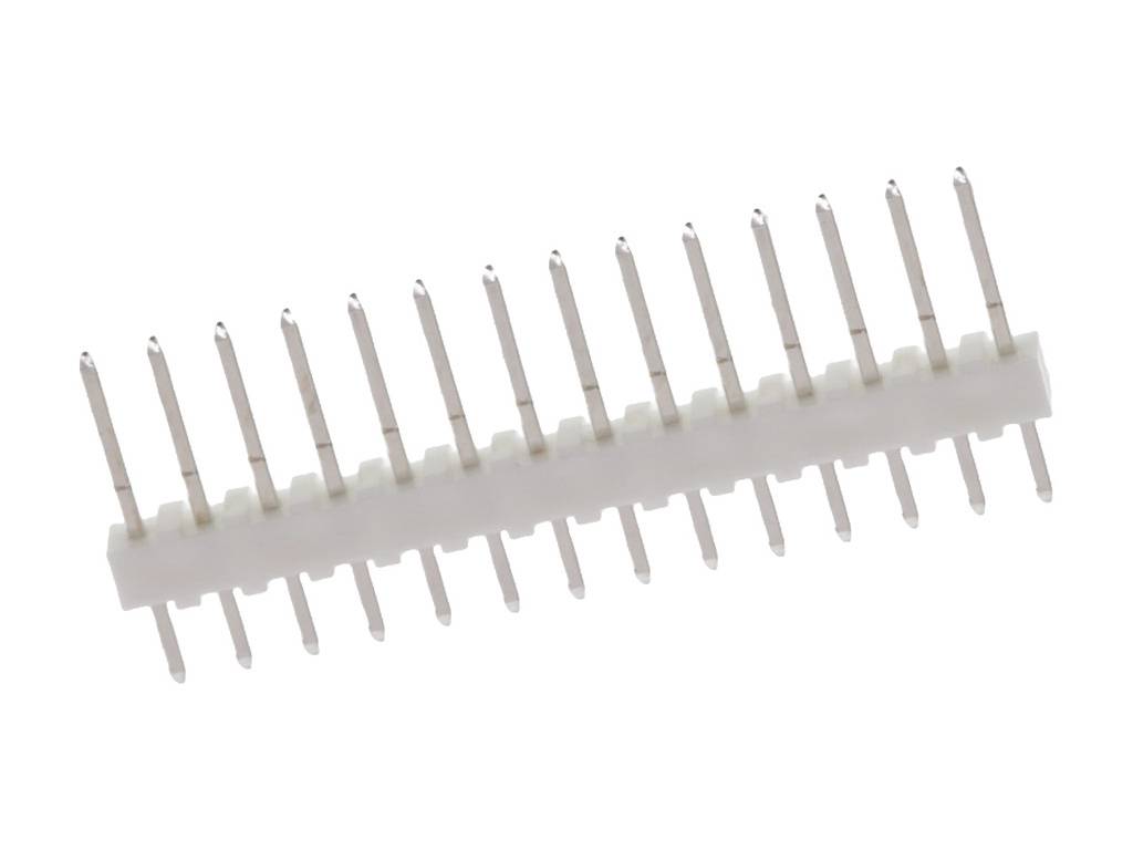 Eine weiße Stiftleiste mit 20 Pins, leicht schräg fotografiert, vor einem weißen Hintergrund.