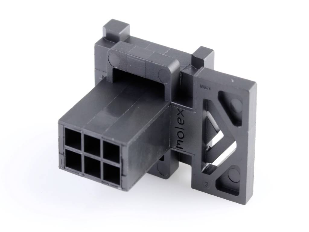 Ein schwarzer Kunststoffstecker mit mehreren quadratischen Öffnungen von Molex, seitlich montiert, wahrscheinlich für elektronische Verbindungen.