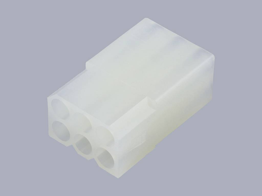 Ein transparenter Kunststoffstecker mit fünf kreisförmigen Öffnungen, geeignet für Elektroanschlüsse.