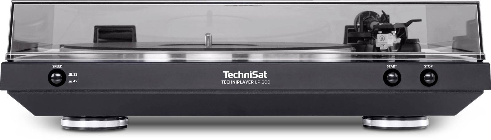 Ein schwarzer Schallplattenspieler mit Gehäuse, Knöpfen zur Geschwindigkeitseinstellung und Start/Stopp-Funktion, Marke Technisat.