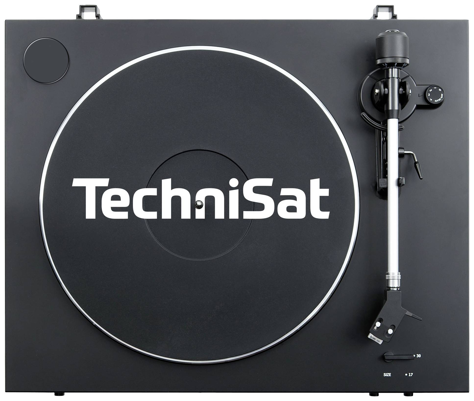 Plattenspieler mit dem Logo 'TechniSat' auf dem Teller, Tonarm rechts positioniert. Eignet sich für Vinyl-Schallplattenwiedergabe.