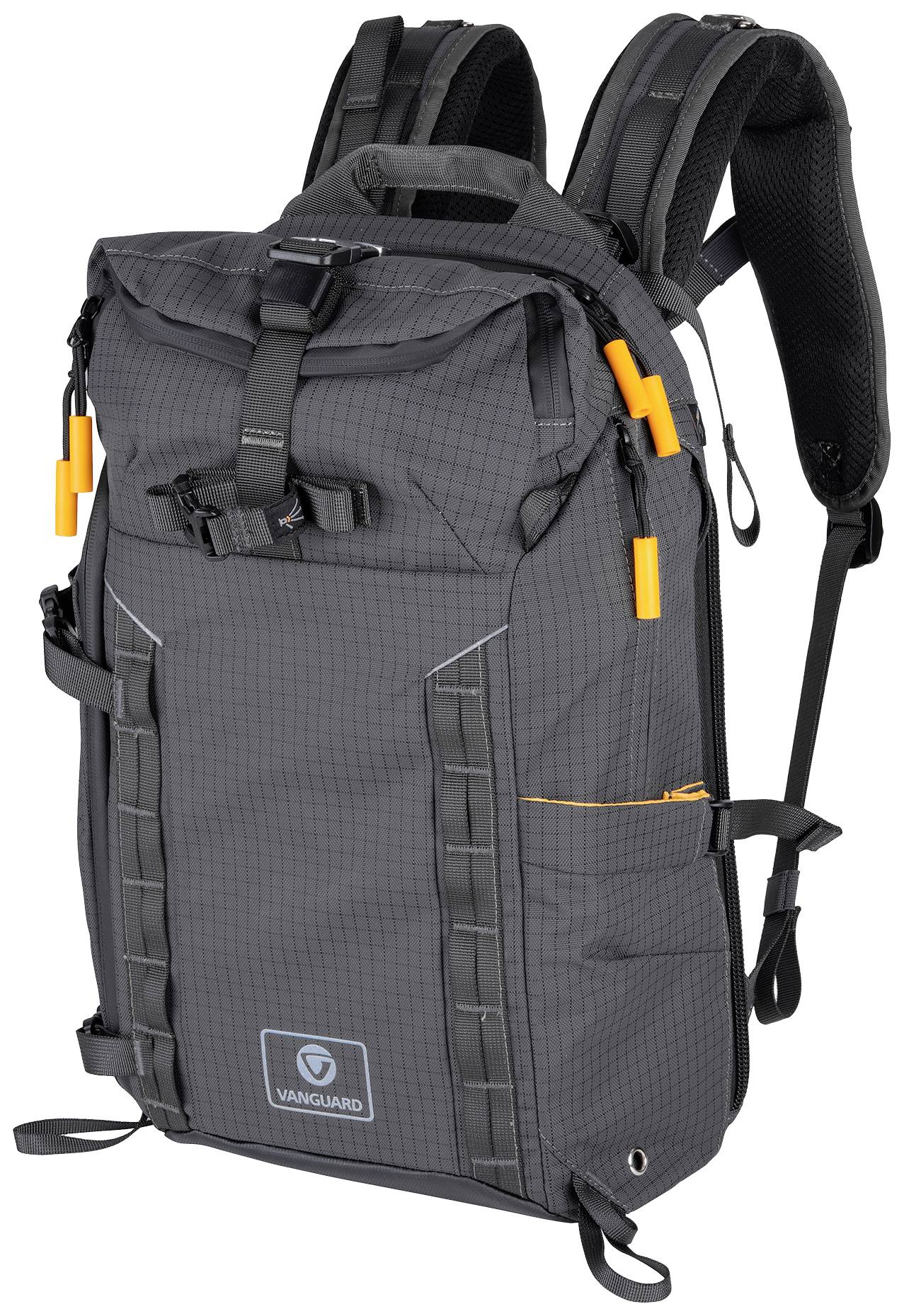 Ein grauer Rucksack mit schwarzen und orangen Akzenten, zwei gepolsterten Schultergurten, mehreren Taschen und Clips zur Sicherung.