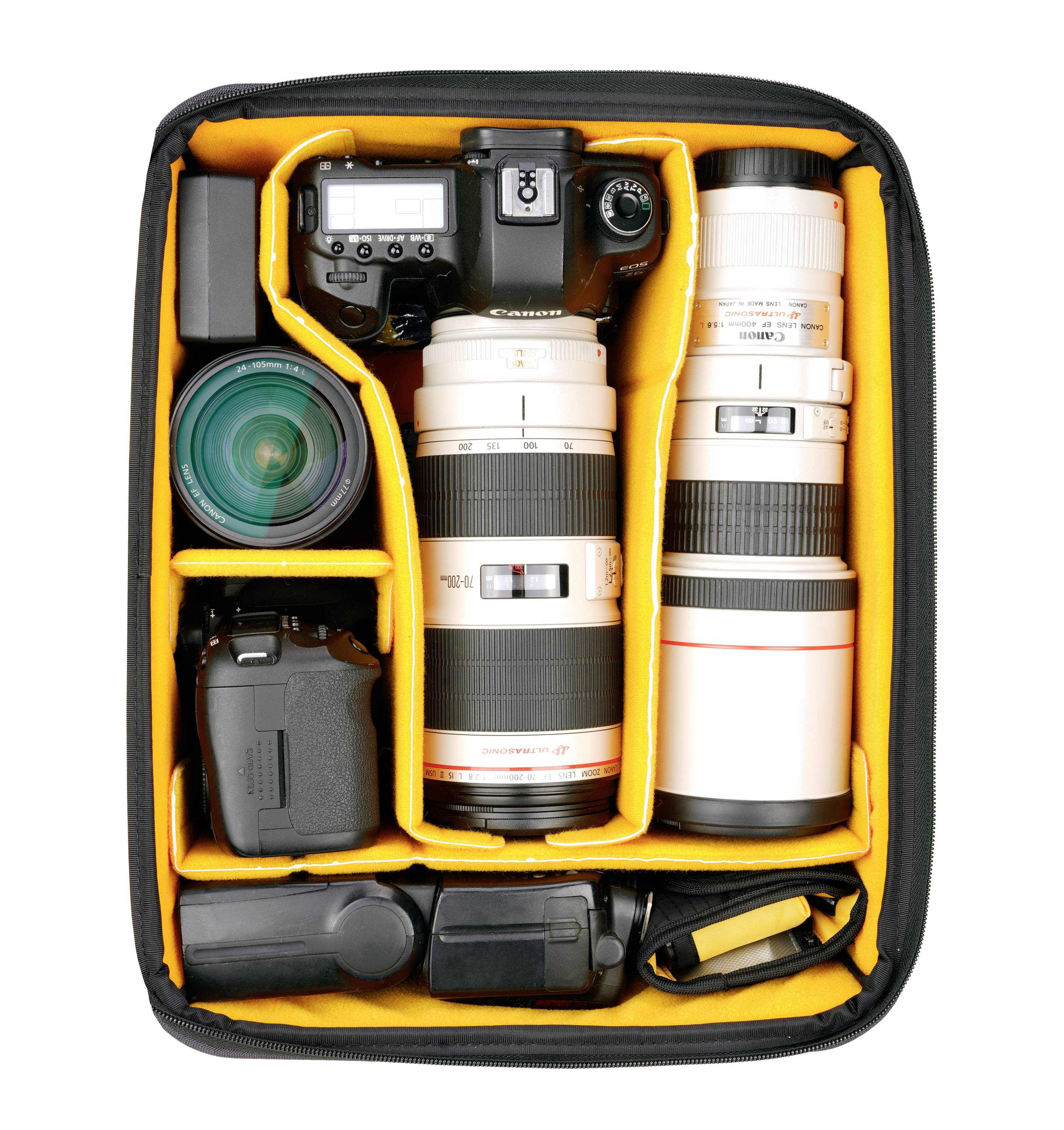 'Fotoausrüstung in gepolsterter Tasche mit Kamera, Objektiven und Blitzgeräten. Perfekt organisiert für einfache Fotonutzung.'