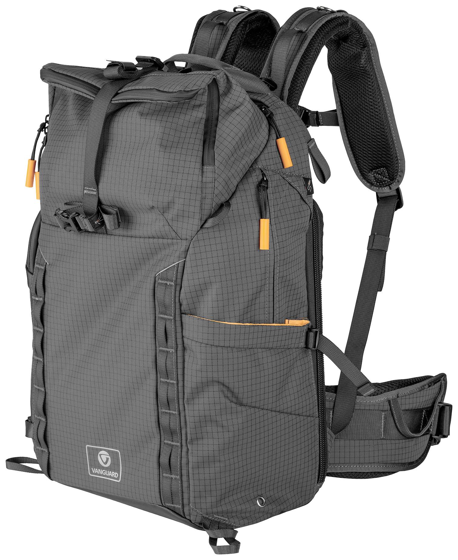 Ein grauer Wanderrucksack mit orangefarbenen Akzenten und mehreren Fächern. Verstellbare Träger und Hüftgurt bieten Komfort.