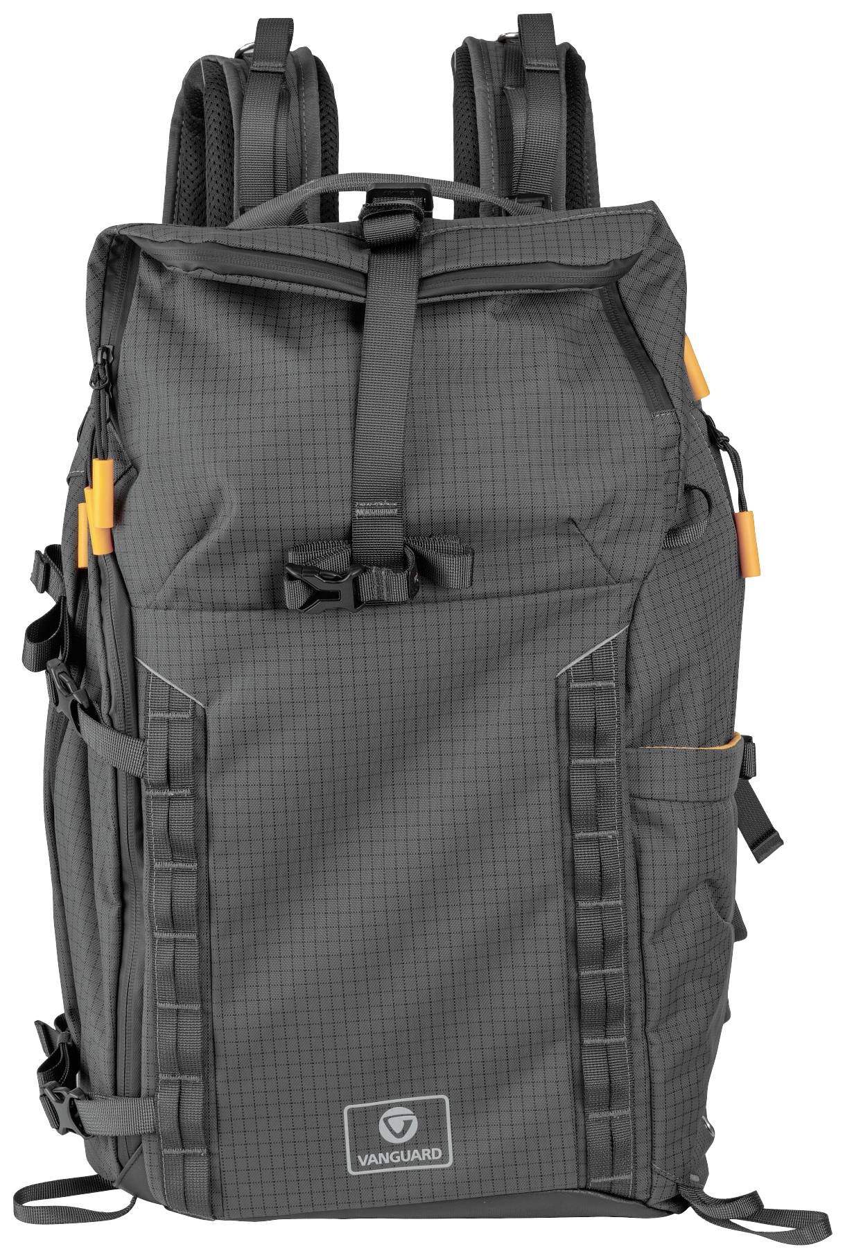 Ein dunkelgrauer Rucksack mit mehreren Fächern und orangefarbenen Akzenten. Markierung 'Vanguard' unten auf der Vorderseite.