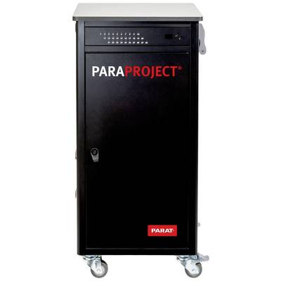 Schwarzer mobiler Schrank mit der Aufschrift 'PARAPROJECT'. Der Schrank hat Rollen und ein Schloss an der Tür.