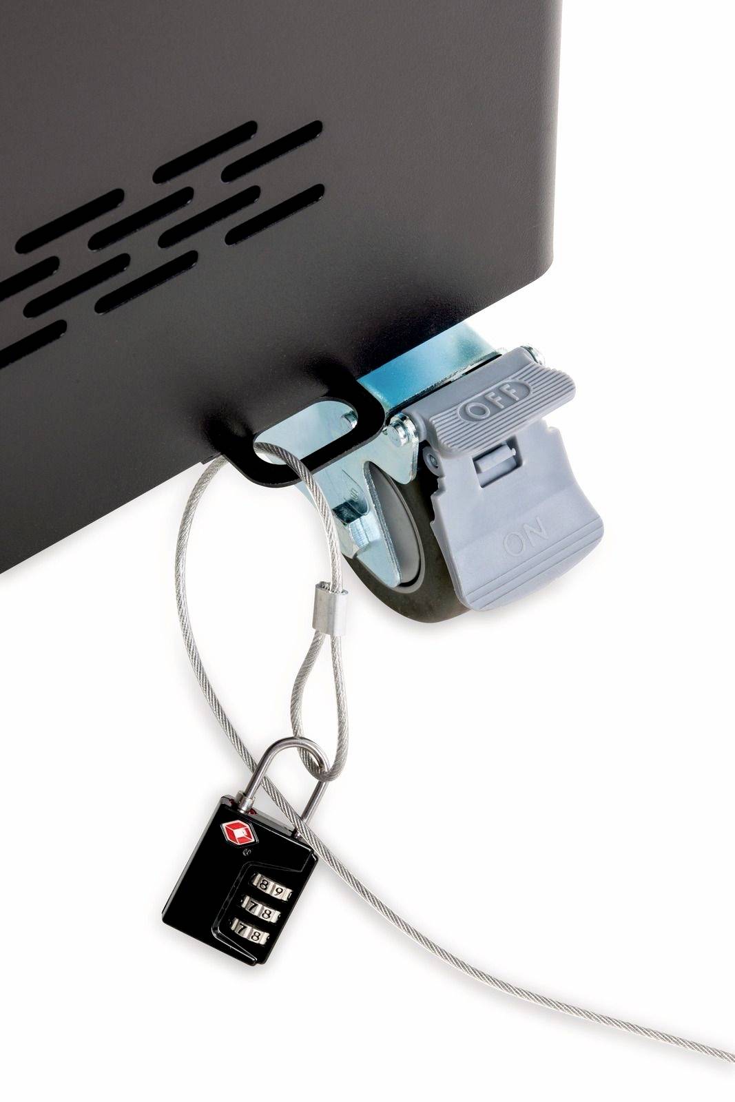 Ein Sicherheitsschloss mit Zahlencode sichert ein Kabel an der Ecke eines elektronischen Geräts.