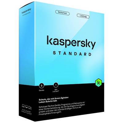 Die Verpackung von 'Kaspersky Standard' zeigt Sicherheits- und Leistungsinformationen für PCs und Mobilgeräte mit einer Laufzeit von einem Jahr für fünf Geräte.