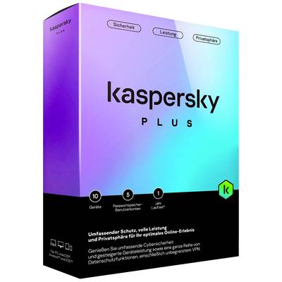 Kaspersky Plus Softwareverpackung; bietet Schutz für 10 Geräte, Passwortverwaltung und VPN. Für PC, Mac und Mobilgeräte.