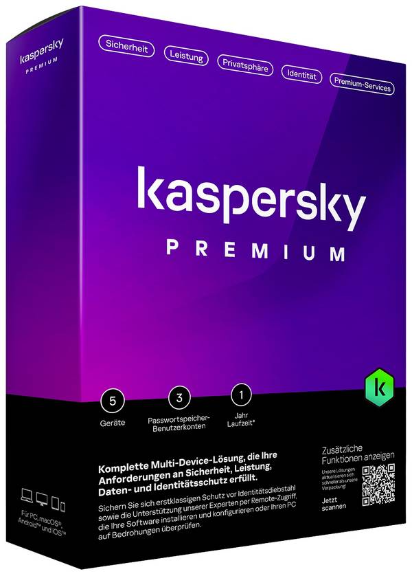 Kaspersky Premium Total Security Jahreslizenz, 5 Lizenzen Windows, Mac, Android, iOS Antivirus