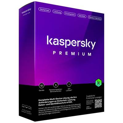 Kaspersky Premium-Software-Verpackung. Bietet Sicherheit für 10 Geräte, Passwortschutz und Datenschutz für ein Jahr.