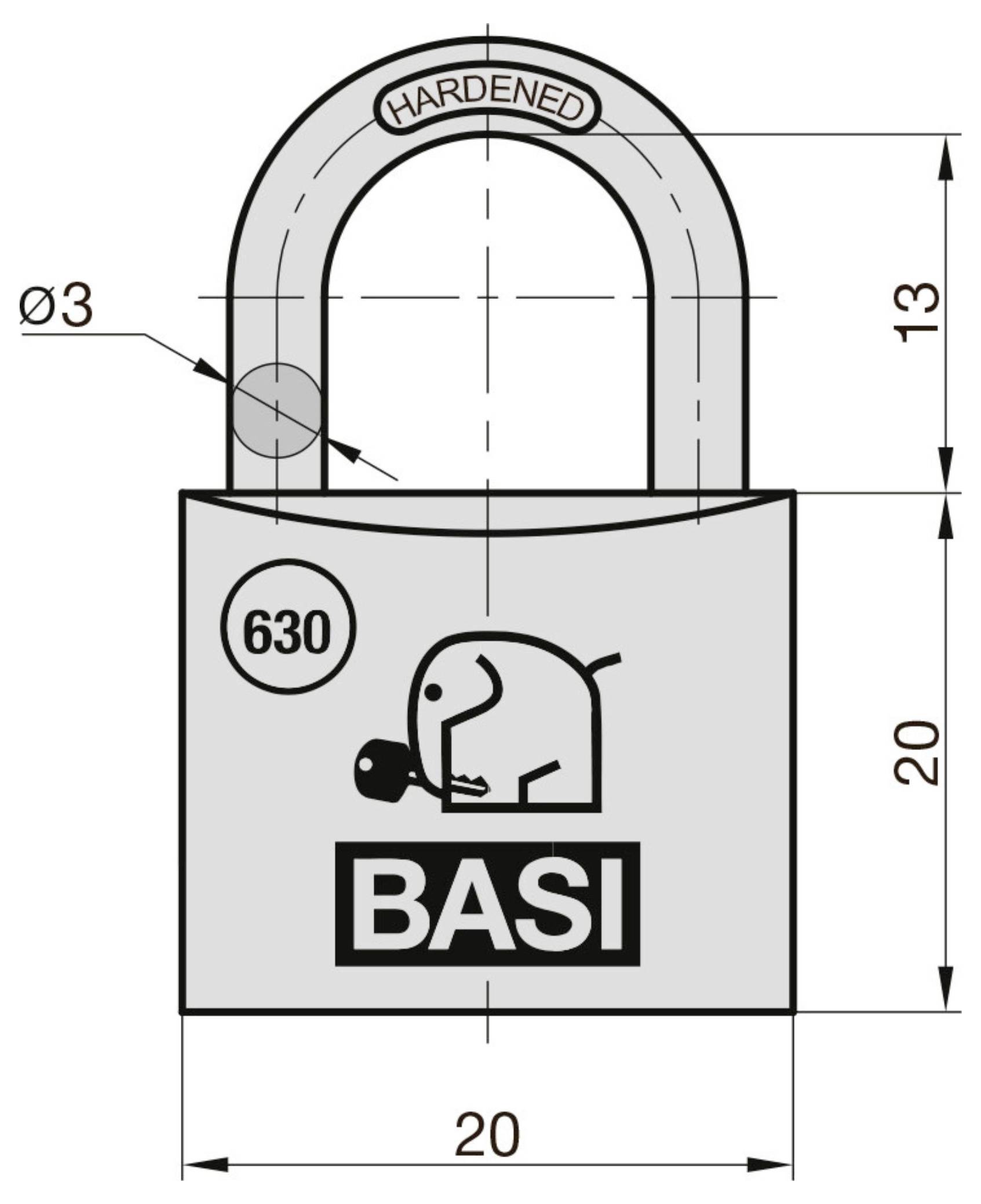 Technische Zeichnung eines BASI-Vorhängeschlosses mit Bezeichnung „630", das einen gehärteten U-förmigen Bügel und Abmessungen von 20 mm Breite, 20 mm Körperhöhe, 13 mm Bügelhöhe und Ø3 mm Bügelduchmesser zeigt.