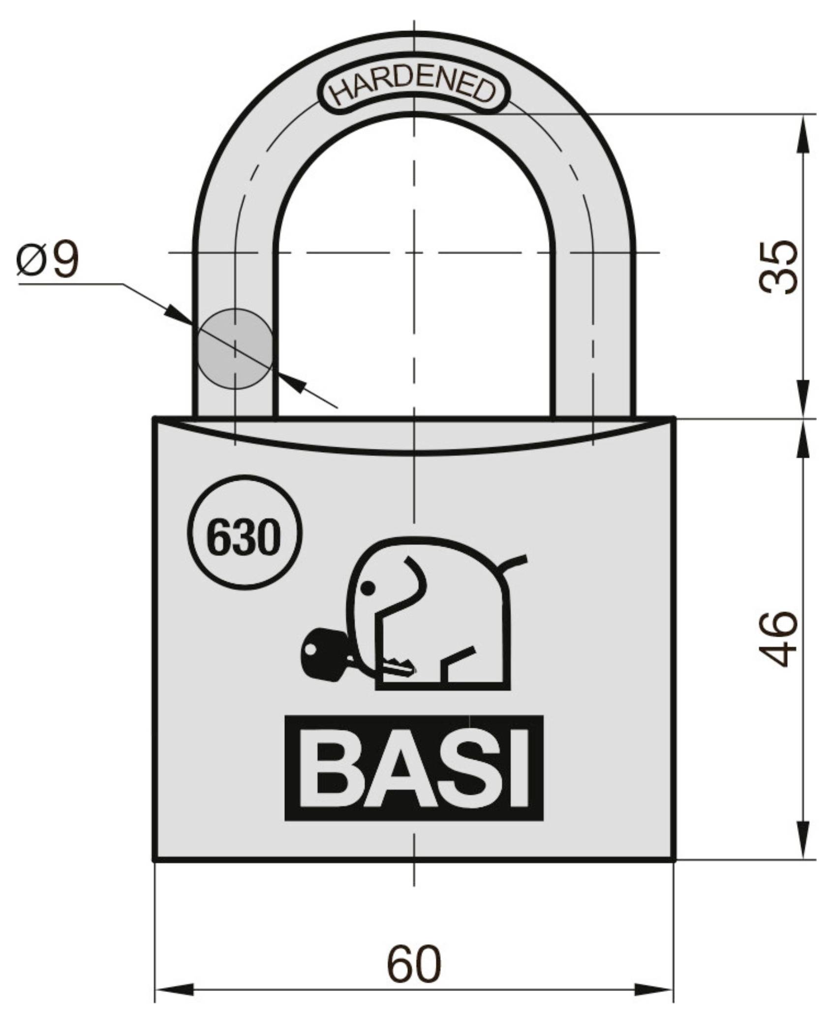 Technische Zeichnung eines gehärteten BASI-Vorhängeschlosses mit der Kennzeichnung 630, das eine Körperbreite von 60 mm, eine Bügelhöhe von 35 mm, eine Körperhöhe von 46 mm und einen Bügeldurchmesser von 9 mm aufweist.