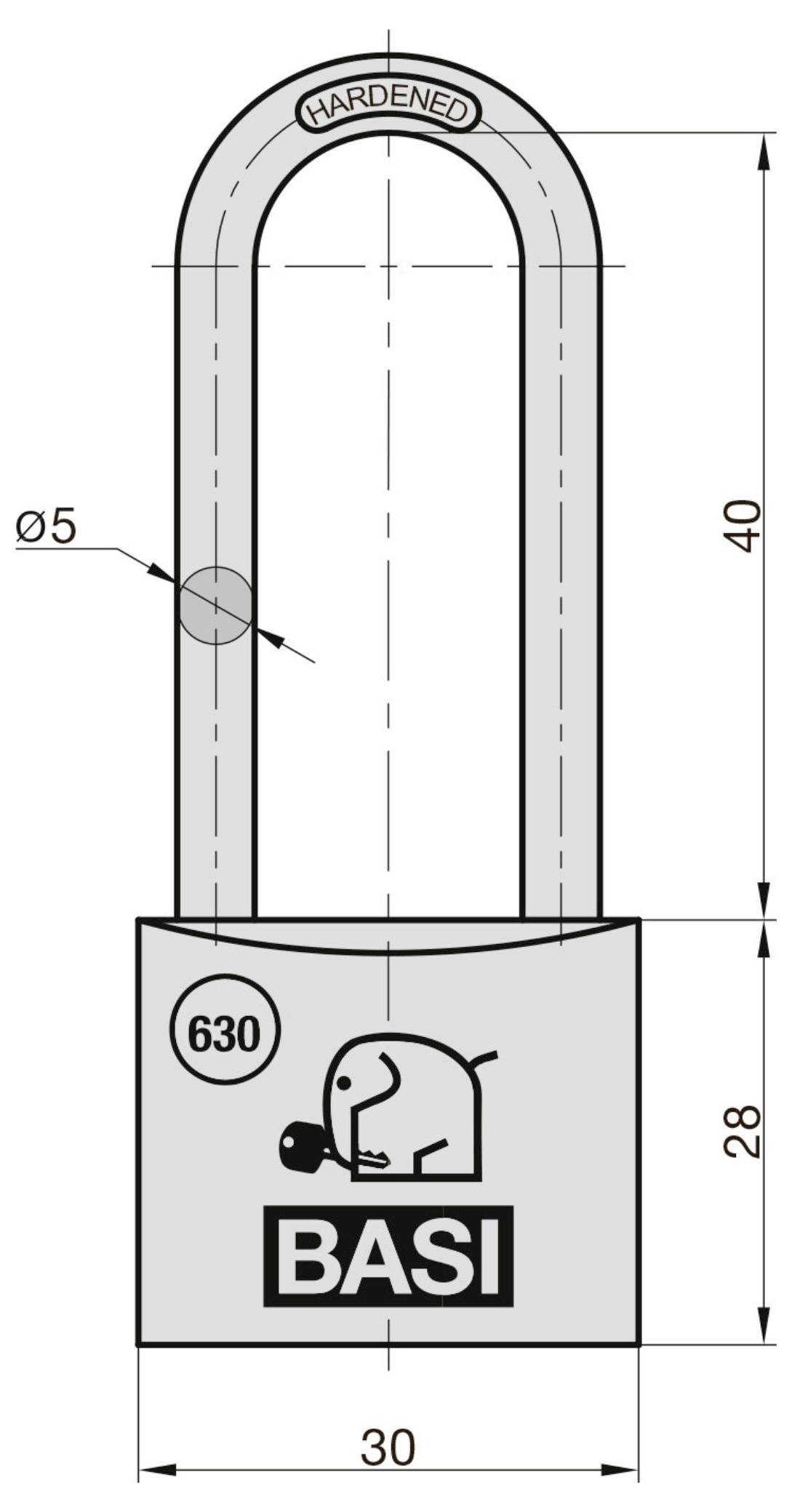 Maßstabgerechte Zeichnung eines BASI-Vorhängeschlosses mit gehärtetem Bügel, 5 mm Bügelduchmesser, 40 mm Bügelhohe, 30 mm Körperbreite und 28 mm Körperhöhe.