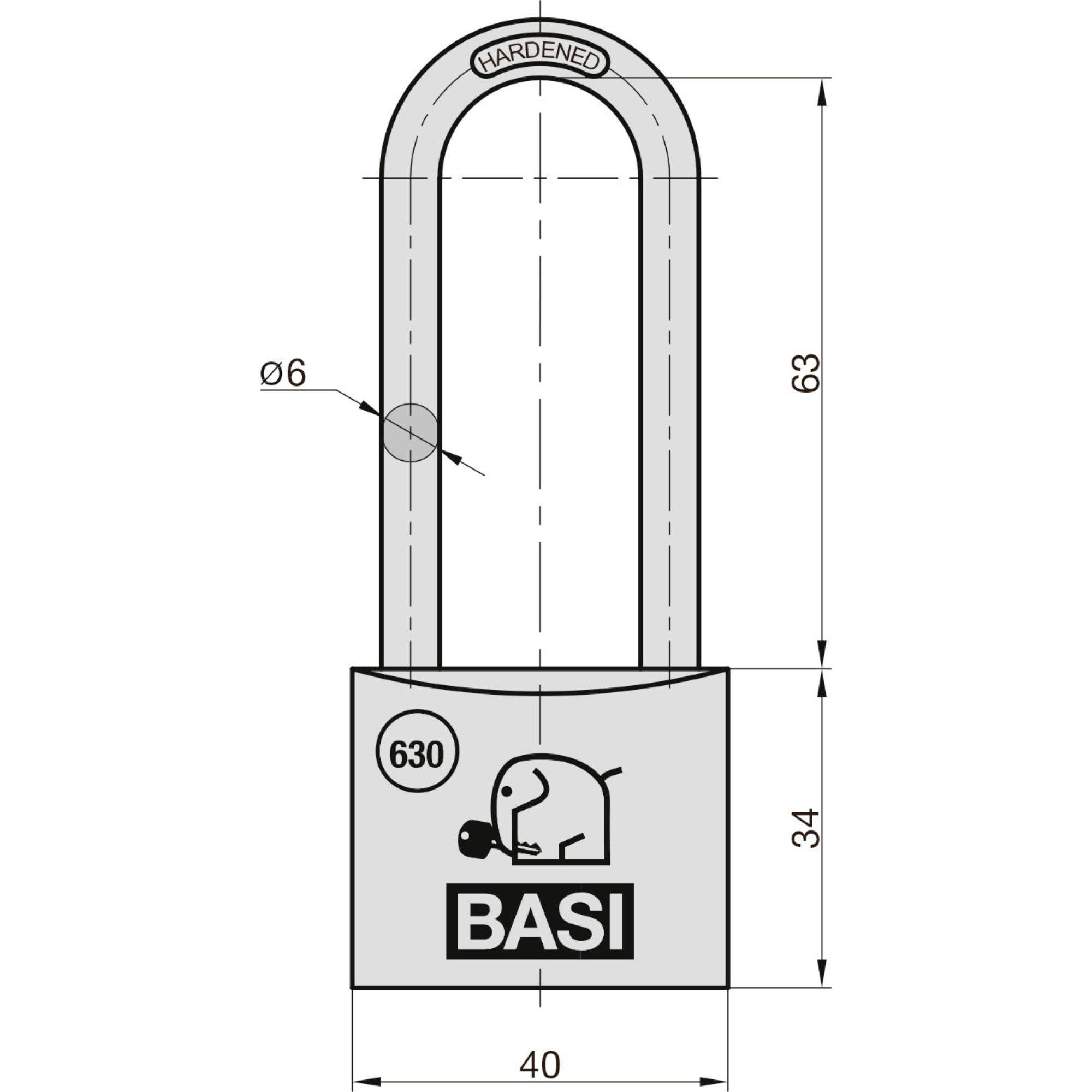 Vorhängeschloss mit Bügelmaßen: 6 mm Durchmesser, 63 mm Höhe. Schlosskörper: 34 mm hoch, 40 mm breit. Marke: BASI.