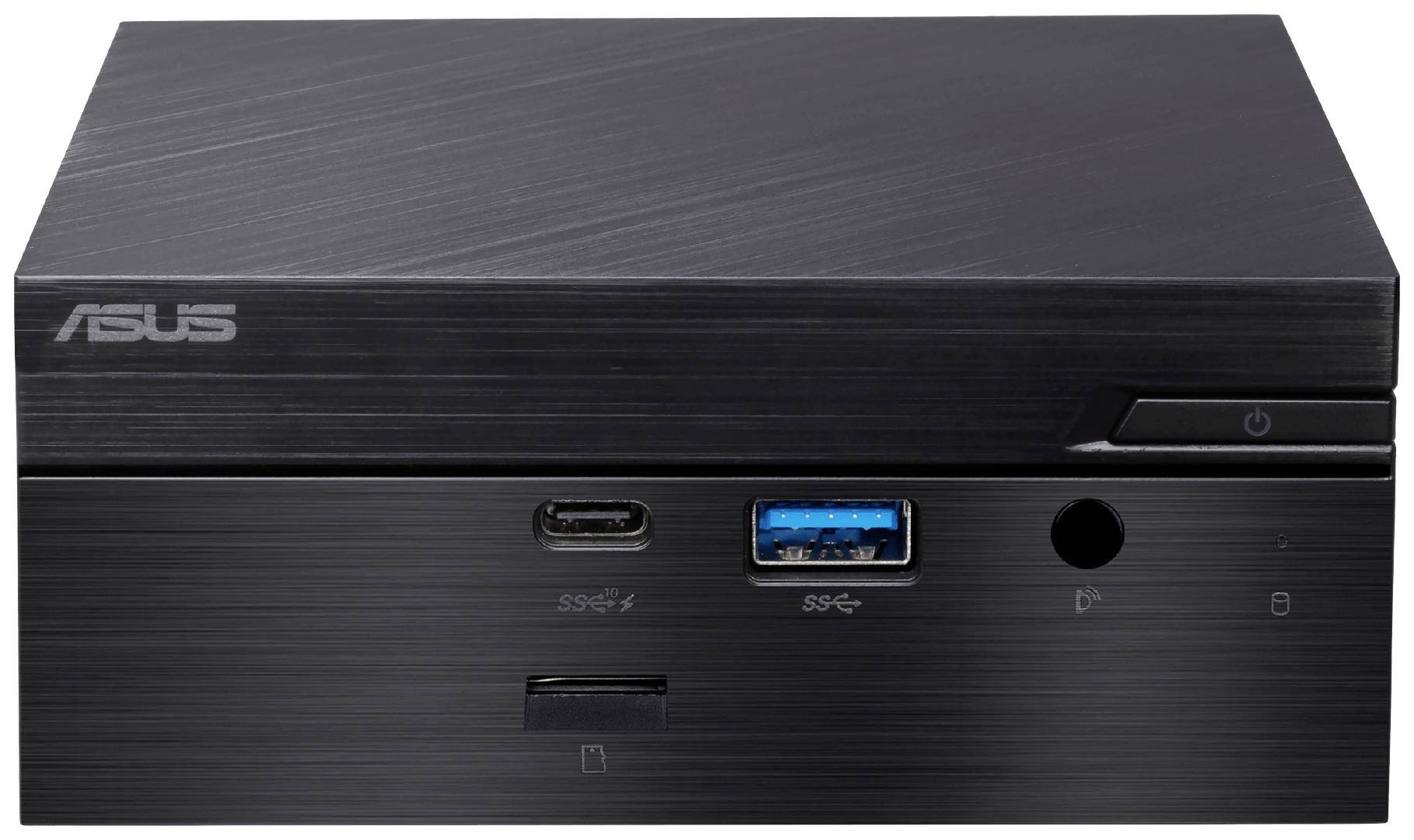 Ein kompakter schwarzer ASUS Mini-PC mit USB-Anschlüssen und Einschaltknopf auf der Vorderseite. Funktionalität betont.