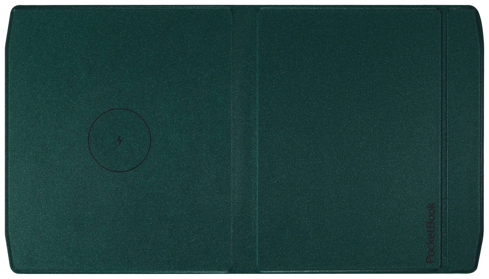 Ein geöffnetes, dunkelgrünes Buch oder Notizbuch, das ganz flach liegt. Es gibt keine sichtbaren Muster oder Texte darauf.