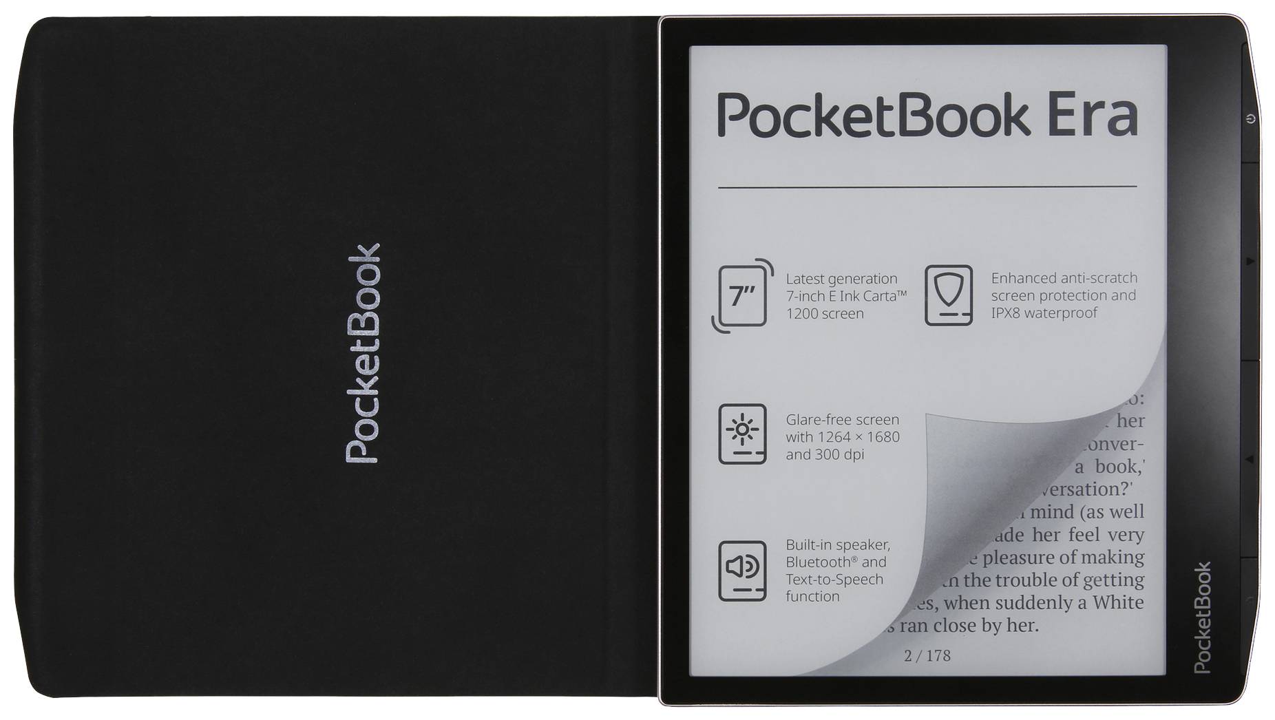 E-Reader mit offenem Buch. Auf dem Bildschirm stehen Funktionen: 7", Wasserdicht, 1264x1680 Bildschirm, Lautsprecher, Bluetooth.