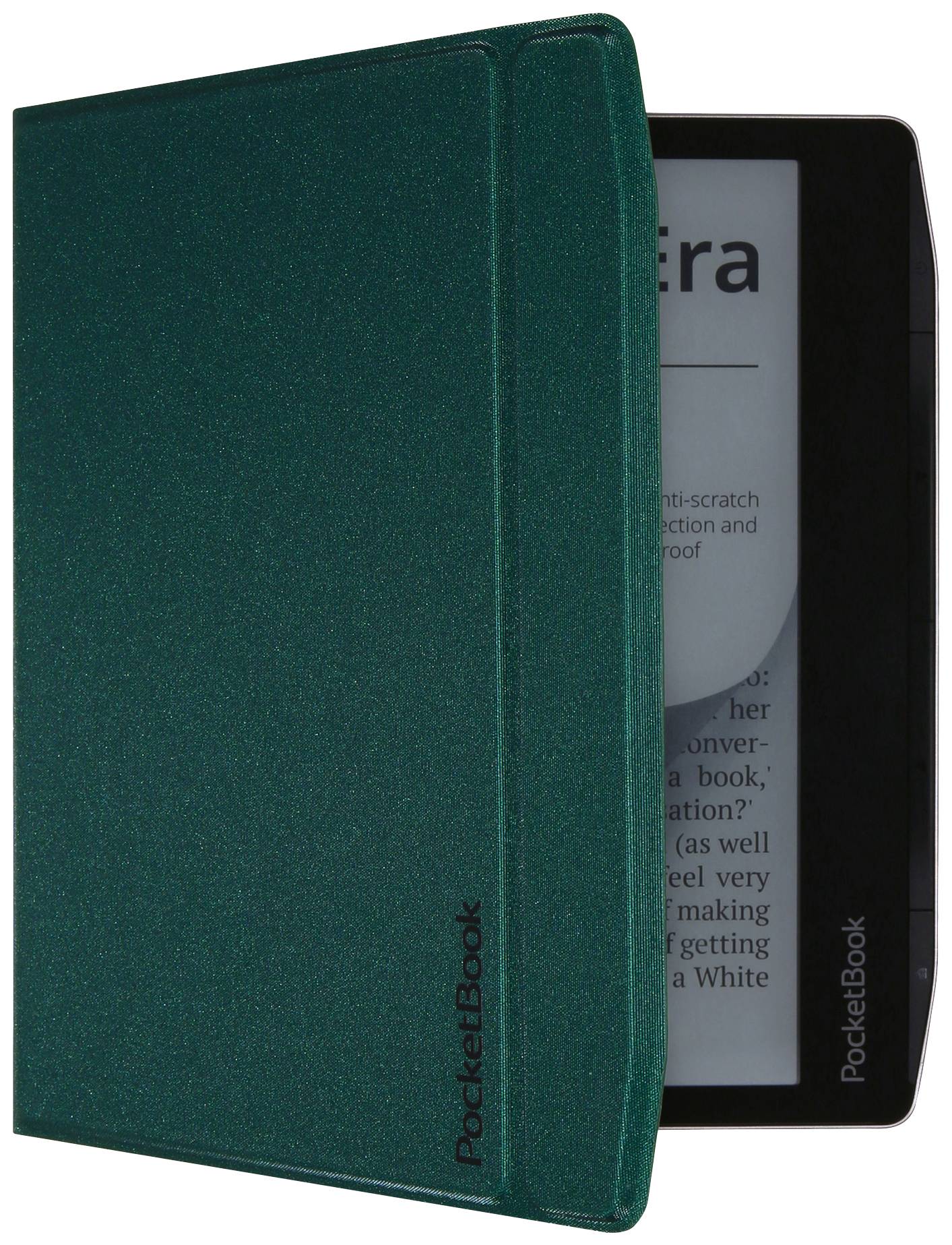 E-Reader mit grünem Cover, Bildschirm zeigt teilweise einen Textausschnitt. Cover trägt den Schriftzug 'PocketBook'.