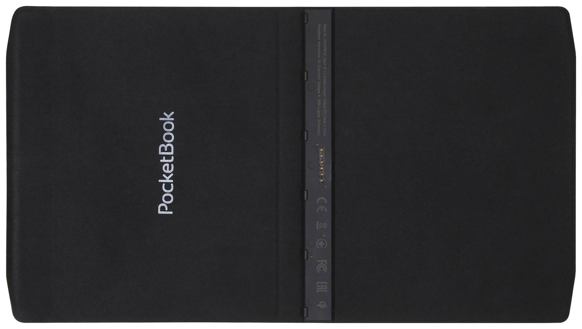 Ein geschlossenes, schwarzes PocketBook-Tablet auf weißem Hintergrund, mit dem Logo 'PocketBook' sichtbar auf der Vorderseite.