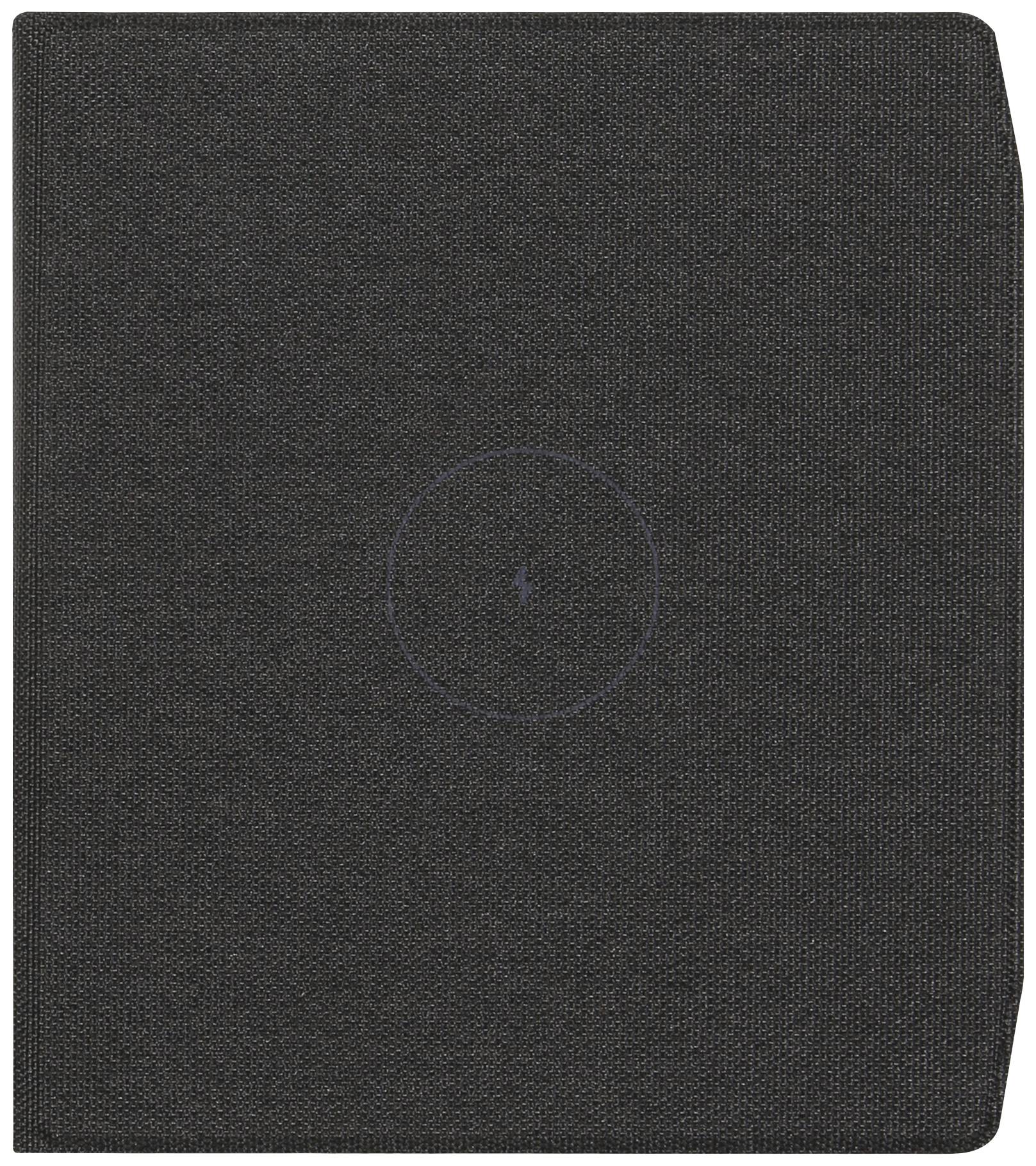 Schwarze, rechteckige Schachtel mit leicht strukturiertem Stoffbezug, geschlossen.