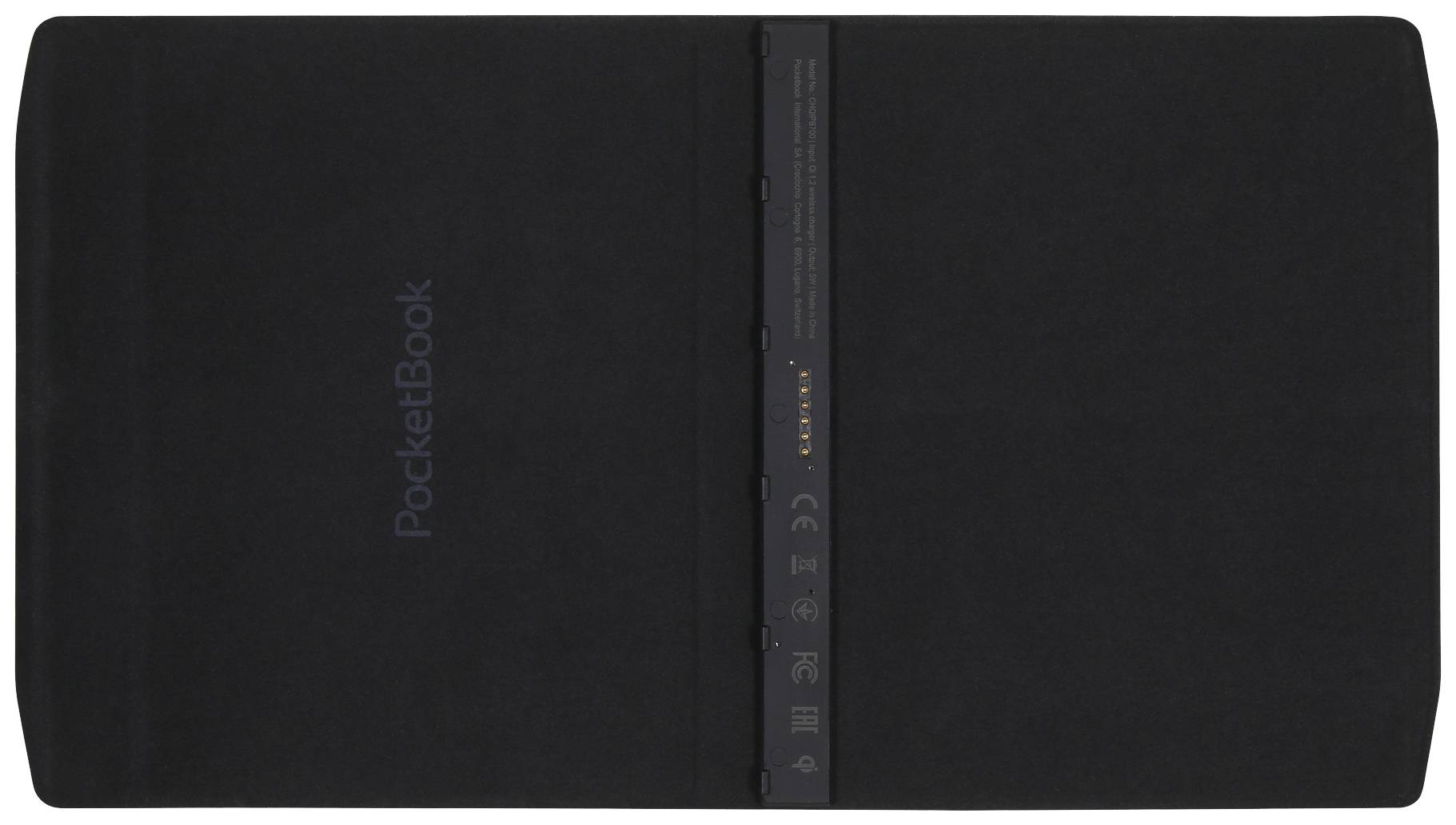 Ein geschlossenes, schwarzes Pocketbook-Etui mit sichtbarem Scharnier in der Mitte.