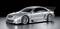 Silbernes Rennwagen-Modell mit aerodynamischem Design und großem Heckspoiler auf grauem Hintergrund.