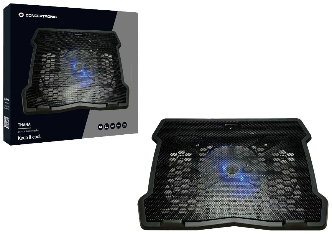 Laptop-Kühlpad mit großer Lüfteröffnung und blauer Beleuchtung. Verpackung zeigt Marke und Slogan 'Keep it cool'.