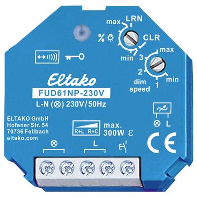 Blauer Dimmer zur Steuerung von Lampen. Markiert mit 'Eltako FUD61NP-230V'. Beschriftungen zeigen LRN, max, min und Anschlüsse.