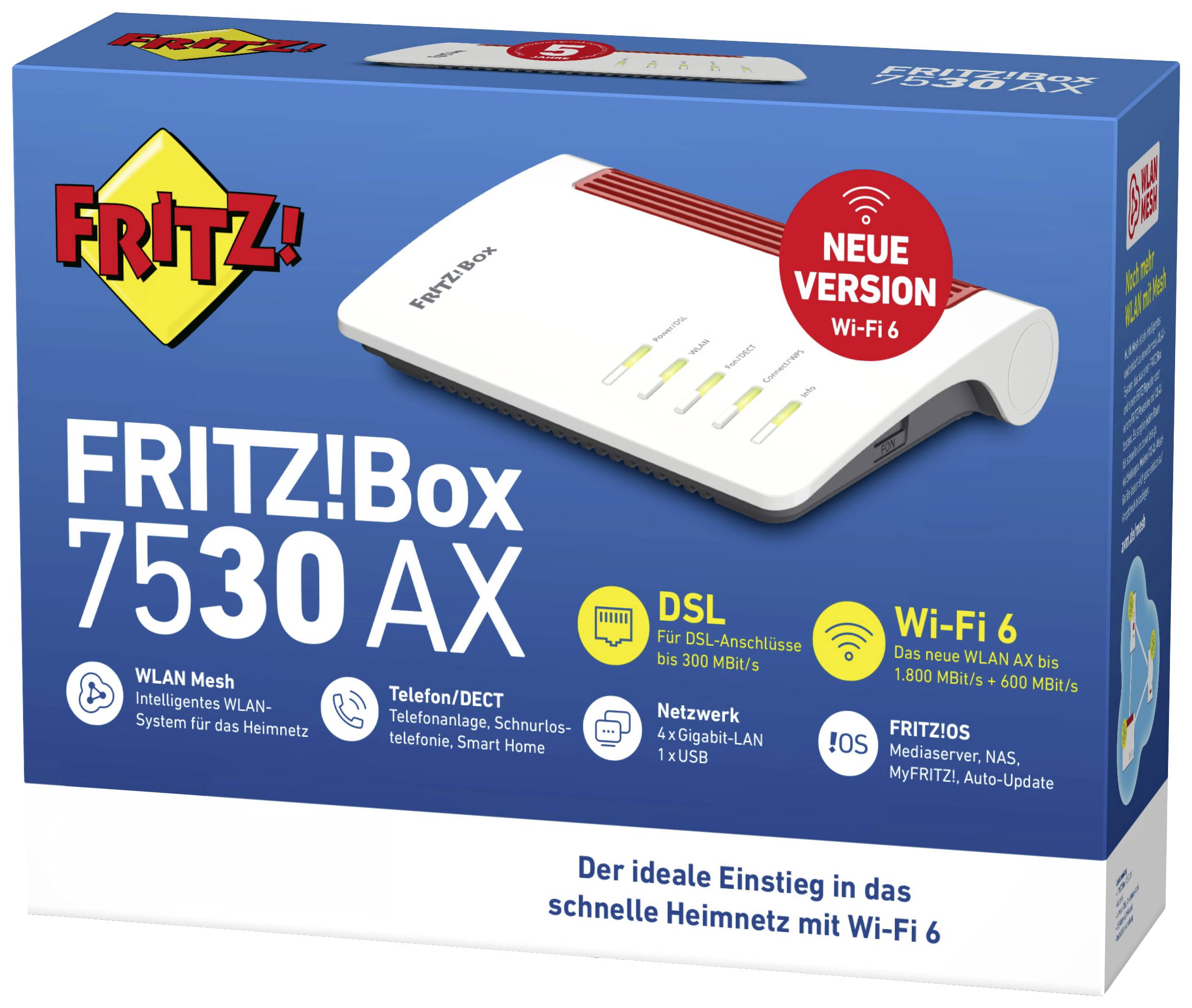 Die Abbildung zeigt eine Verpackung der 'FRITZ!Box 7530 AX' mit Hervorhebung der Merkmale wie DSL, Wi-Fi 6, WLAN Mesh und Telefon/DECT.