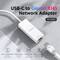 USB-C-zu-Gigabit-RJ45-Netzwerkadapter, Modell EU-4306C, gezeigt mit Laptop-Verbindung. Funktionen: RJ45-Port, zuverlässige Kabelverbindung, Plug-and-Play-Unterstützung.