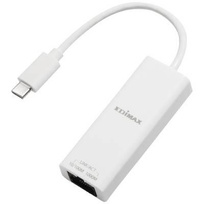 Ein weißer USB-C-zu-Ethernet-Adapter von Edimax, der eine kabelgebundene Internetverbindung für Geräte ohne Ethernet-Anschluss ermöglicht.