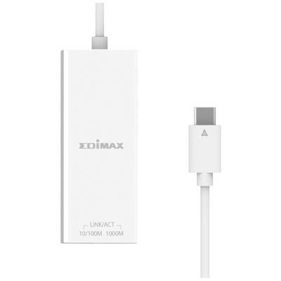 Weißer Edimax USB-C-auf-Ethernet-Adapter mit Anschlüssen, geeignet für 10/100M und 1000M Netzwerke.