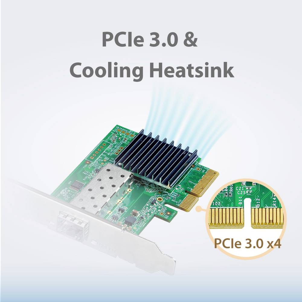 'PCle 3.0 & Cooling Heatsink': Bild zeigt eine PCIe 3.0-Karte mit Kühlkörper, der die Wärmeableitung verbessert. Abbildung von PCIe 3.0 x4-Schnittstelle.