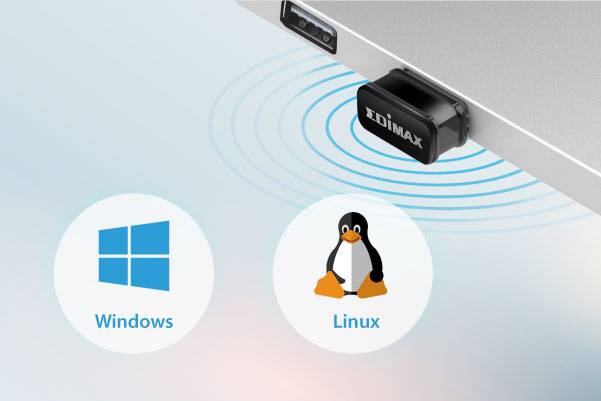Ein USB-Adapter von EDIMAX ist an einen Laptop angeschlossen, unterstützt Windows und Linux, dargestellt durch ihre jeweiligen Logos.
