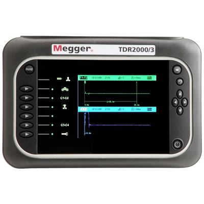 Gerät zur Kabelprüfung mit Bildschirmanzeige. Zeigt zwei signalbasierte Diagramme und mehrere Bedienknöpfe an der Seite.