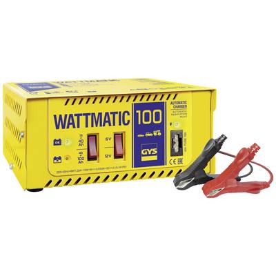 Gelbes Batterieladegerät 'Wattmatic 100' mit zwei Kontrolllampen für 6V und 12V; rote und schwarze Klemmen an der Seite.