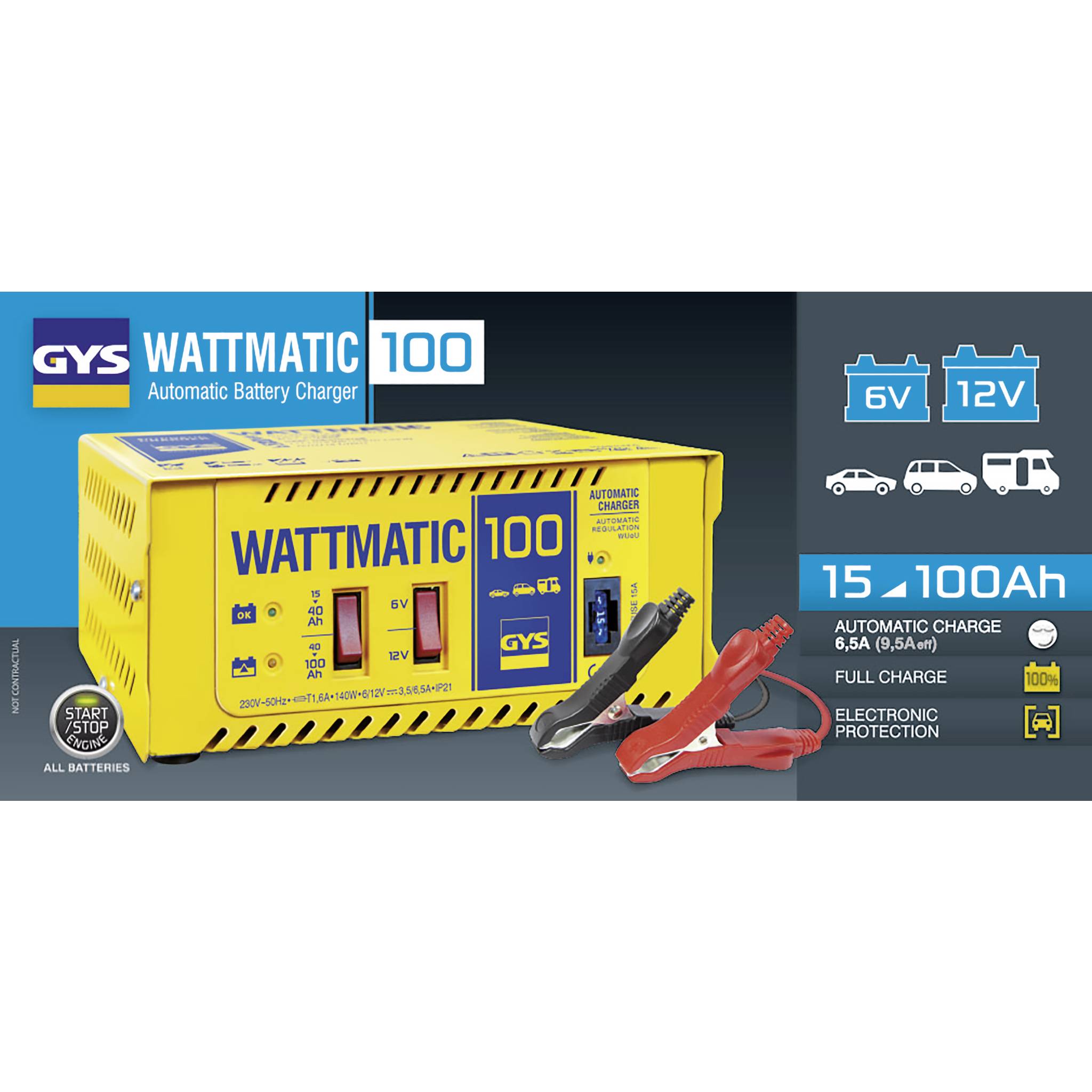 Gelbes automatisches Batterieladegerät 'Wattmatic 100' neben zwei Kabelklemmen; geeignet für 6V und 12V Batterien von 15 bis 100Ah.