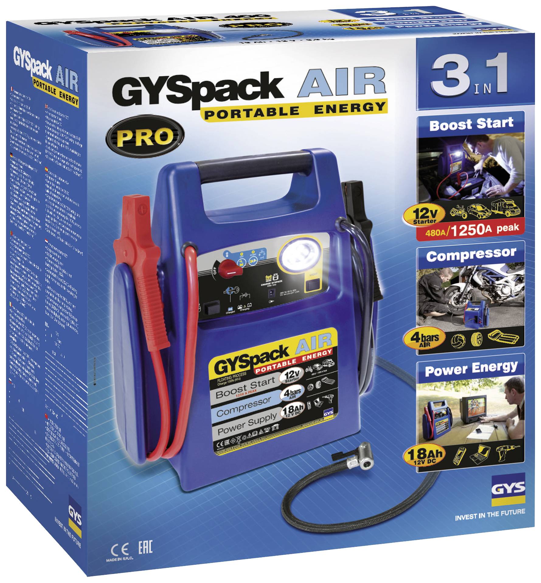 Kombiniertes Gerät 'GYSpack Air' für Starthilfe, Kompressor und Energieversorgung; blaue Box mit Zubehör und Anwendungsbeispielen.