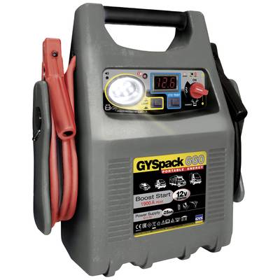 Ein tragbares Starthilfegerät GYS Pack 660 mit Digitalanzeige, Taschenlampe und 12V Anschlüssen, geeignet für 1900A Startstrom.